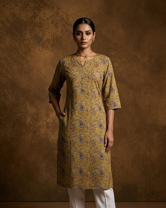 Olive colour kurti with styled with a print pattern across body, knee length design, and a sleeve .