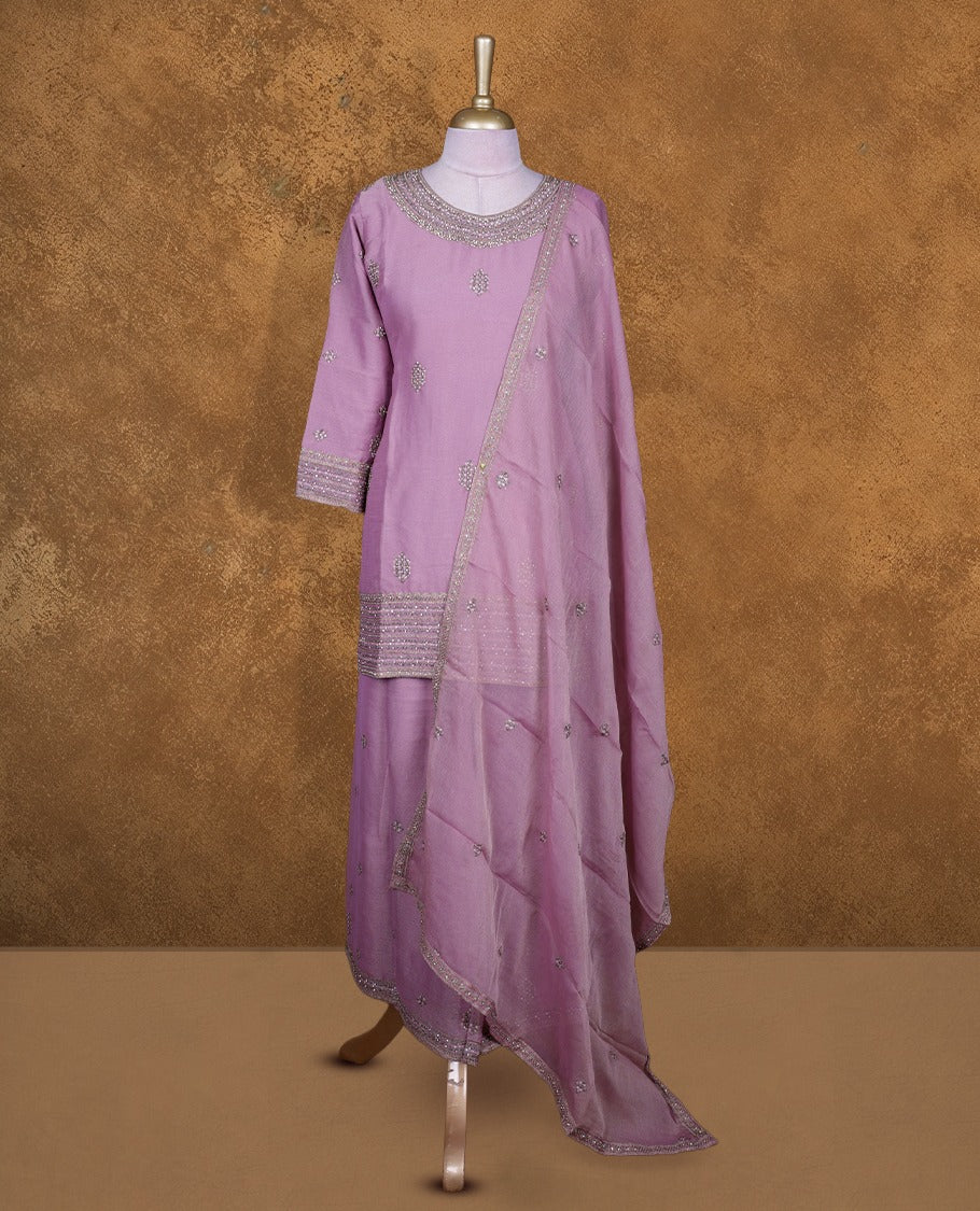 Dusty Pink colour sharara set featuring gold colour thread and beats embroidered neckline, sleeves, and thread embroidery on body , Paired with a matching dupatta