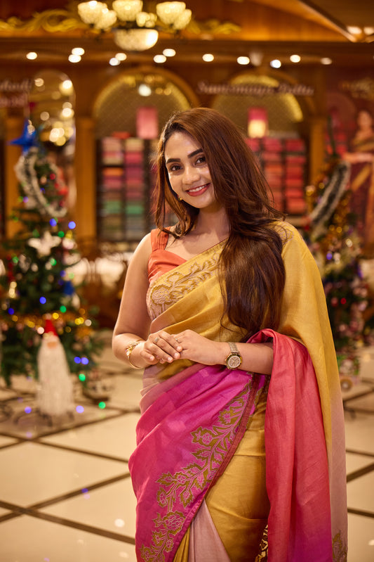 4D hand dyed coloured Pure Tussar silk saree featuring a pure organza applique border and pallu with elegant leaf motifs, paired with a matching blouse piece.