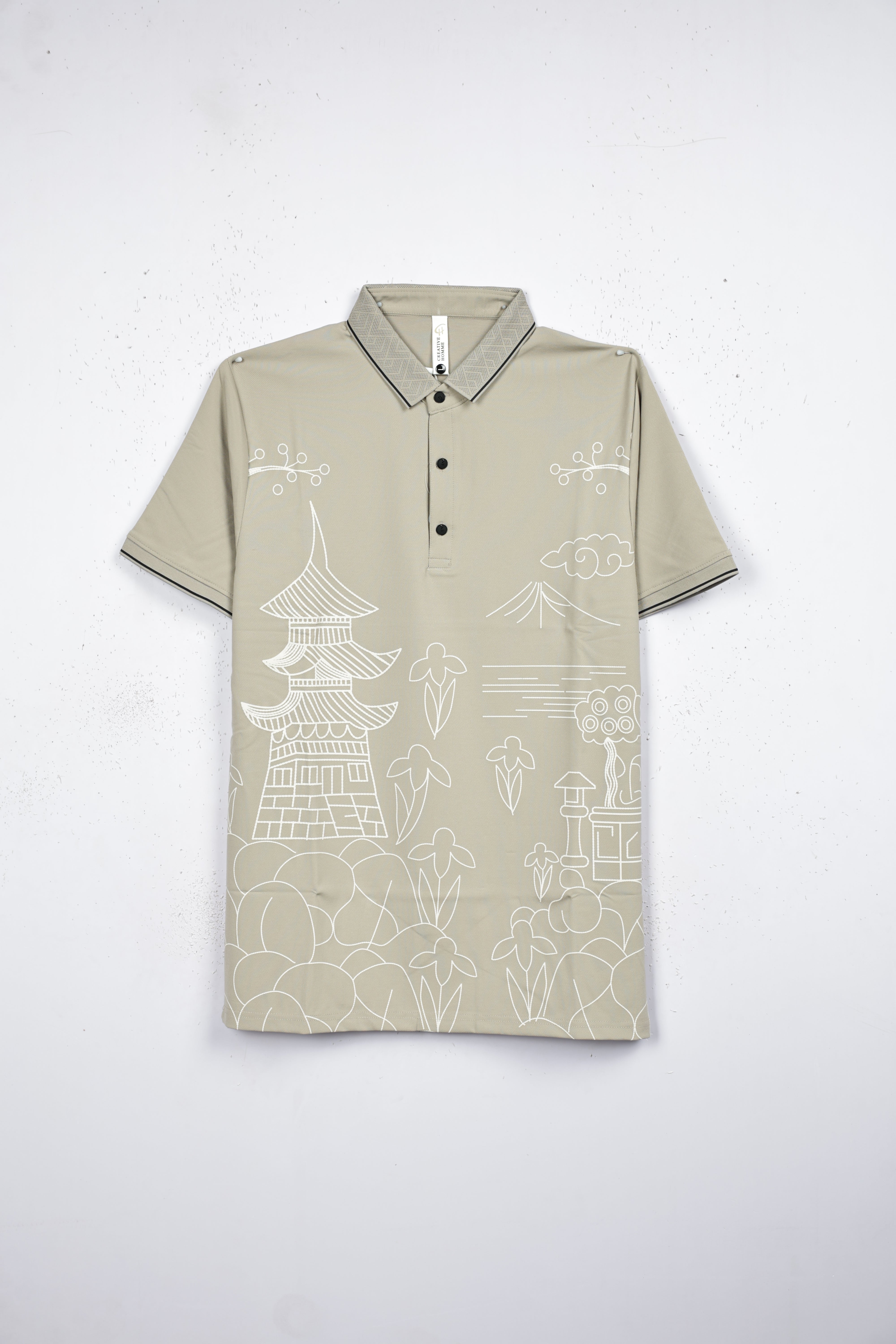 Beige colour T shirt featuring white pattern print on body, collar design, Half sleeve.