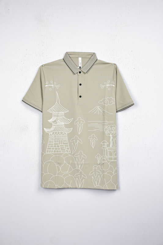 Beige colour T shirt featuring white pattern print on body, collar design, Half sleeve.