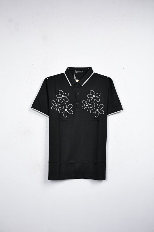 Black colour T shirt featuring white thread pattern on body, collar design neck, Half sleeve.