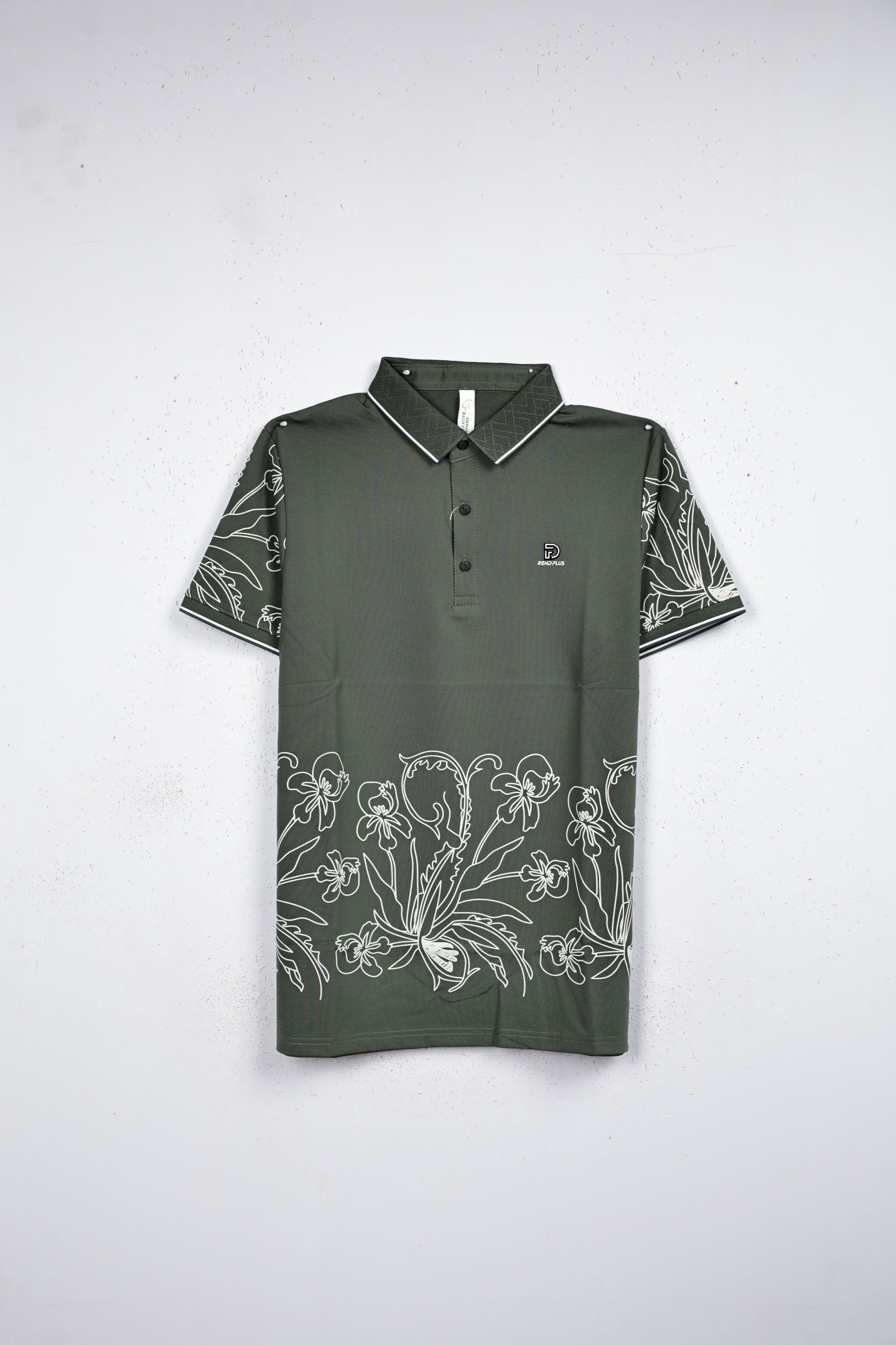 Green colour T shirt featuring collar design neck, white floral print on body, half sleeve.