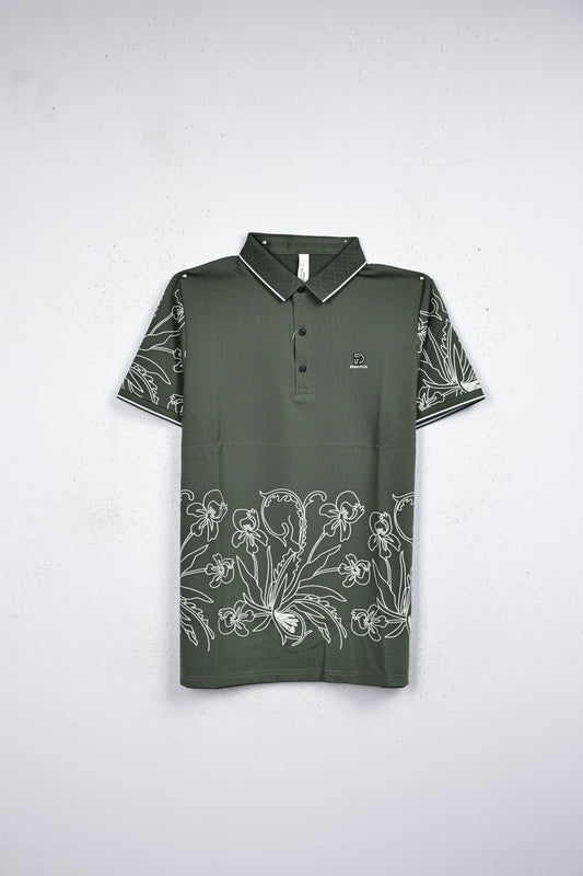 Green colour T shirt featuring collar design neck, white floral print on body, half sleeve.
