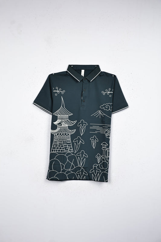Dark teal  colour T shirt featuring white Pattern print on body, collar design, Half sleeve.