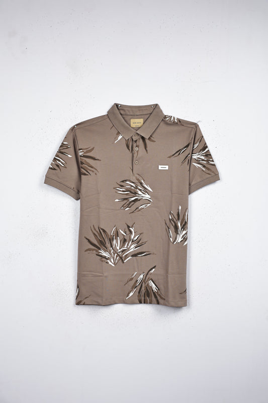 Light brown colour t shirt featuring collar design neck, Print on body, Half sleeve.