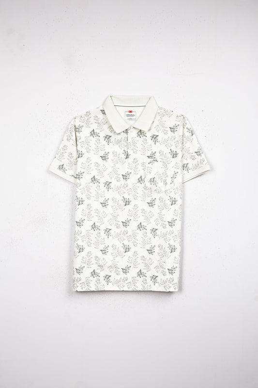 Cream colour T shirt featuring leaf pattern print on body, collar design, Half sleeve.