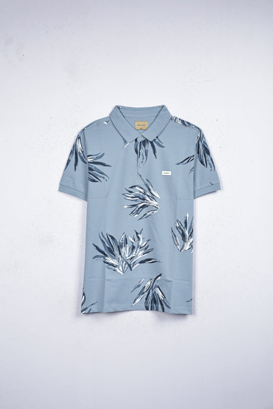 Light blue colour t shirt featuring collar design neck, Print on body, Half sleeve.