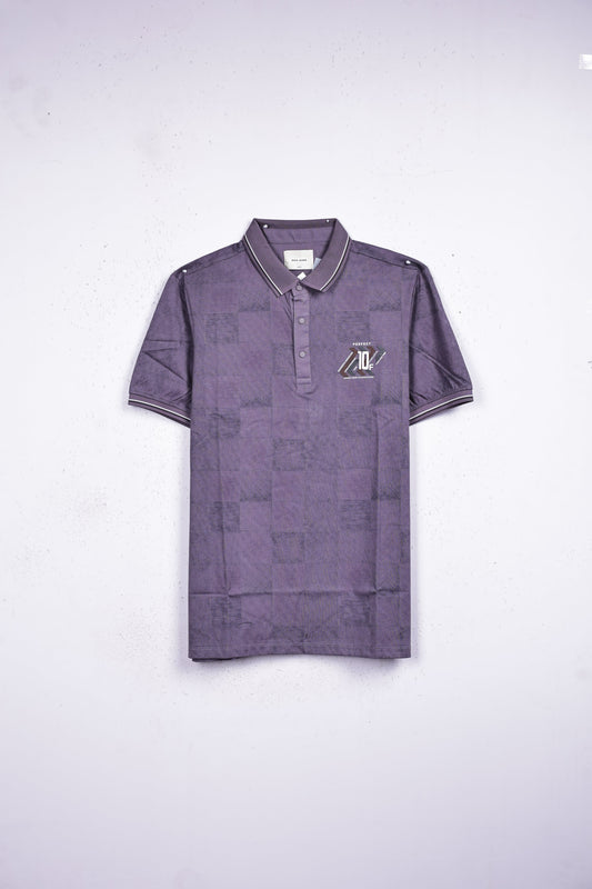 Purple colour t shirt featuring collar design neck, Print on body, Half sleeve.