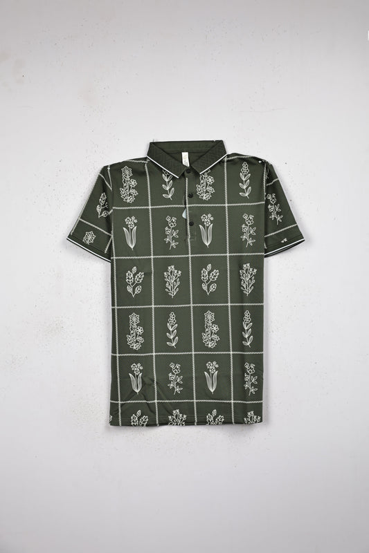 Green colour T shirt featuring white pattern on body, collar design neck, Half sleeve.