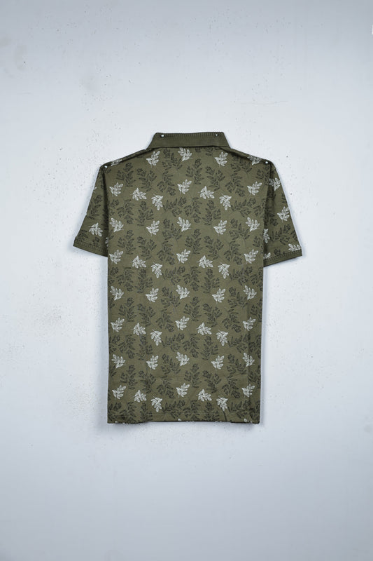 Olive green colour T shirt featuring collar design neck, floral print on body, half sleeve.