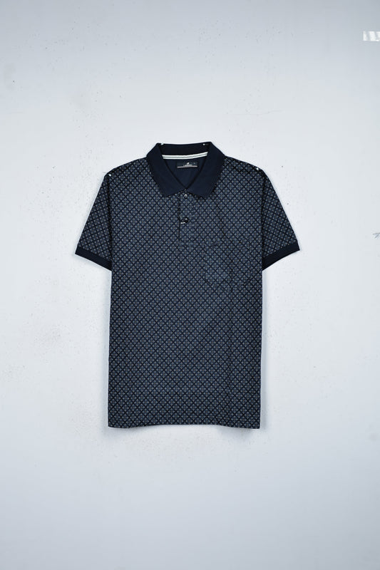 Blue colour t shirt featuring collar design neck, small floral Print on body, Half sleeve.