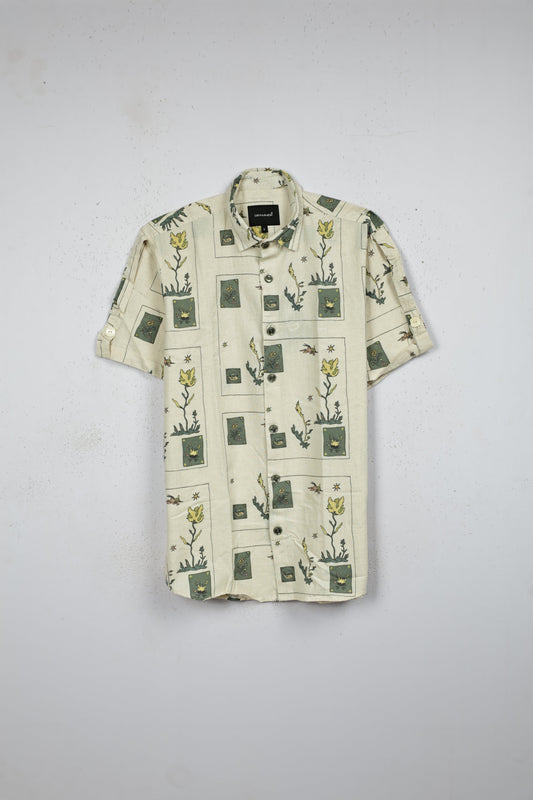 Beige colour shirt designed with leaf & geometric print on body, Half sleeve