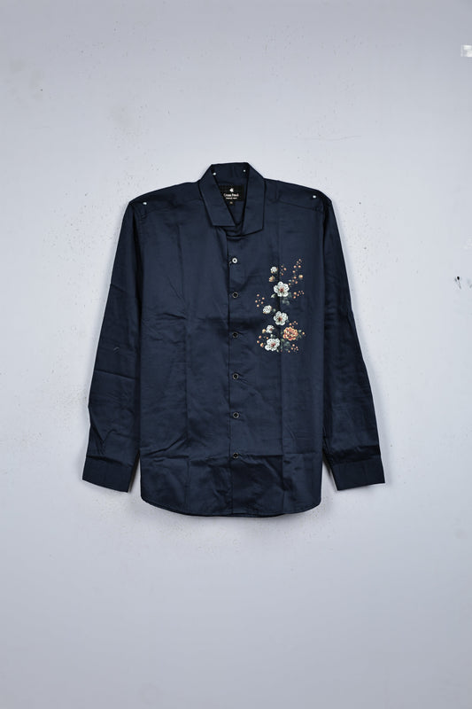Navy blue colour shirt designed with floral print on body, classic full sleeve.