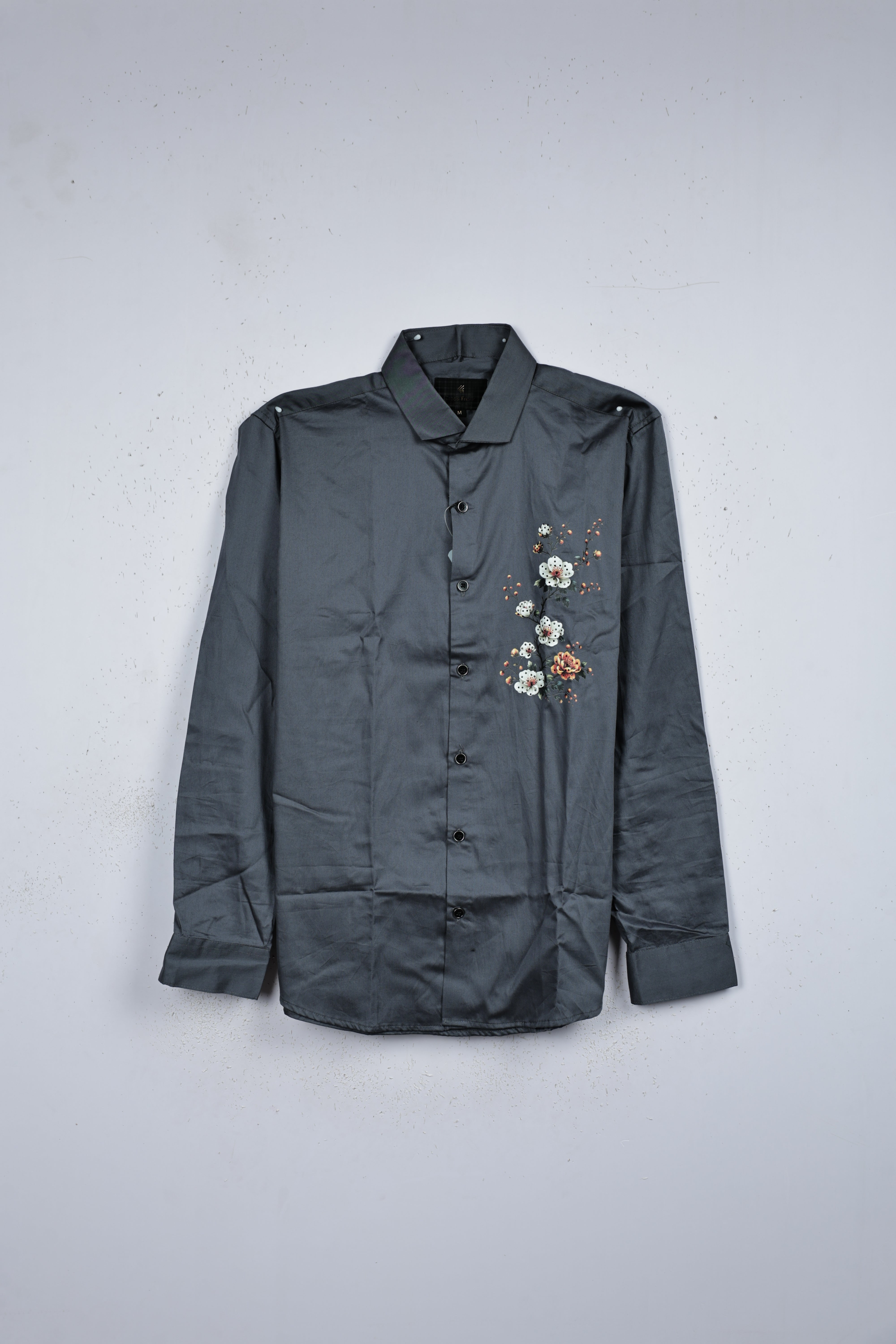 Bluish Grey colour shirt designed with floral print on body, full sleeve.