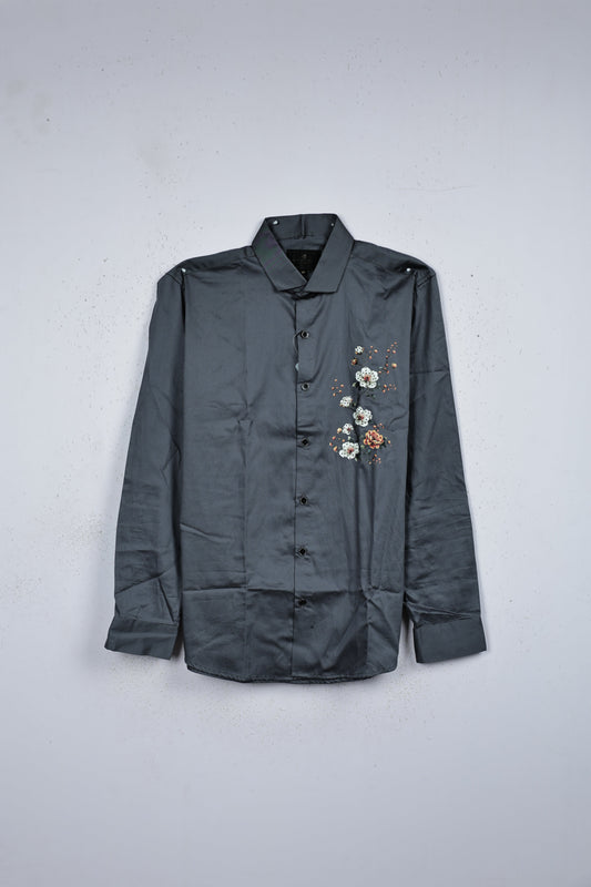 Bluish Grey colour shirt designed with floral print on body, full sleeve.