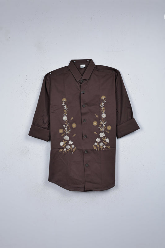 Brown colour shirt designed with floral kodi pattern print on body, full sleeve.