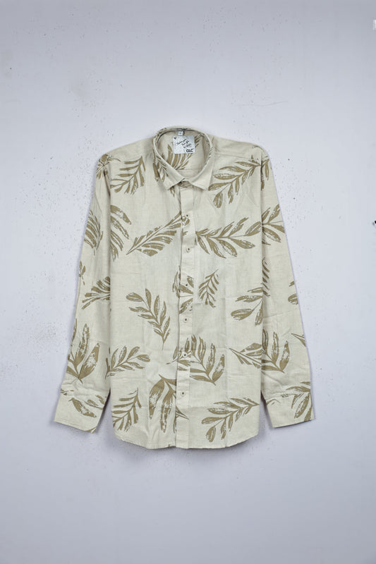 Cream colour shirt designed with olive color leaf print on body, adored with full sleeve