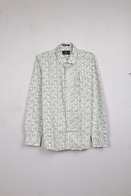 Off white colour shirt with geometric pattern printed on body, full sleeve
