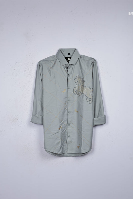 Grey colour shirt designed with stone pattern on body, full sleeve.