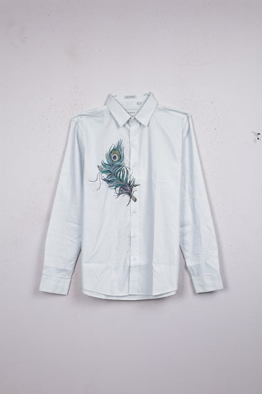 Powder Blue color shirt designed with peacock leaf print on body, full sleeve.
