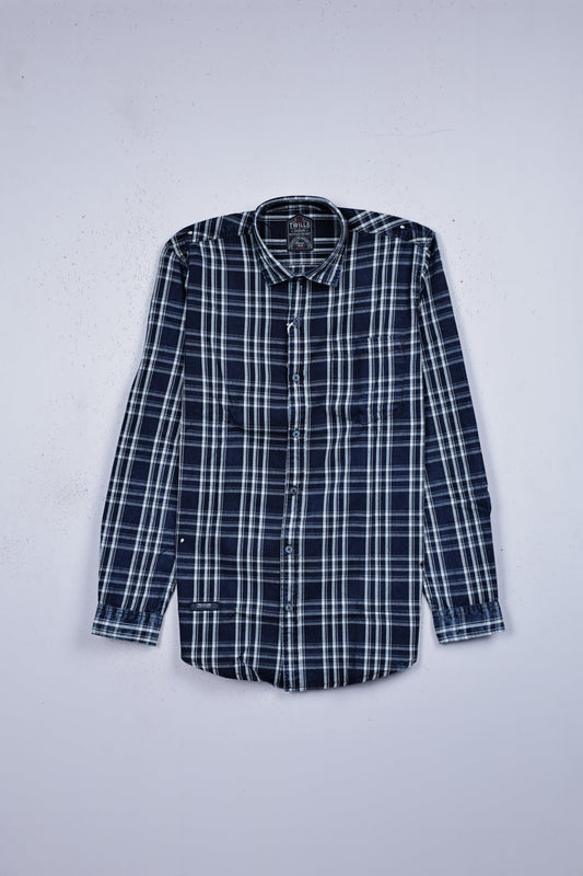 Navy blue colour shirt designed with white check on body, full sleeve.