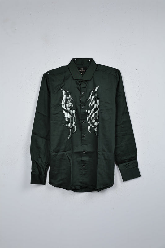 Green colour shirt designed with white print and black stone on body, adored with half sleeve.