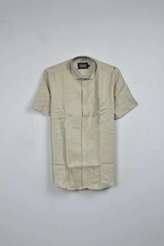 Grey colour shirt designed with thread pattern on body, adored with half sleeve.