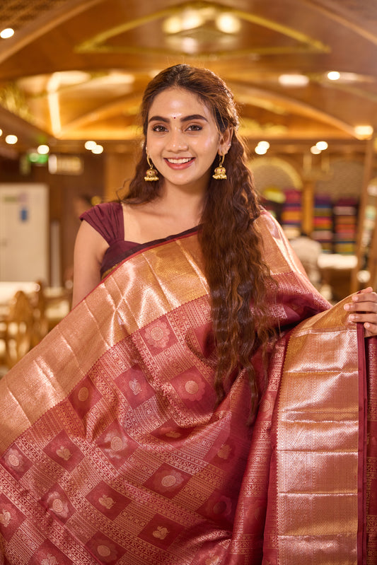 Coral Red Kanchipuram Samudrika Silk Saree featuring a heritage box pattern wedding jacquard with rich antique copper jari weaving, paired with a matching designer jacquard blouse piece.