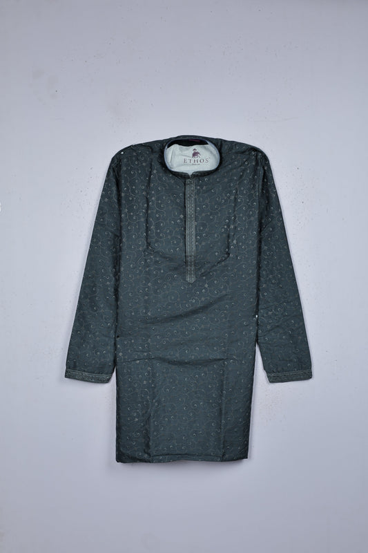 Grey colour self featuring self color thread & sequins on body, colour design neck, adored with full sleeve.