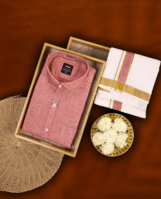 Dusty Rose colour MCR full sleeve shirt featuring a subtle dotted print, paired with a classic white dhoti highlighted with a golden zari kara and a matching dusty rose printed border.