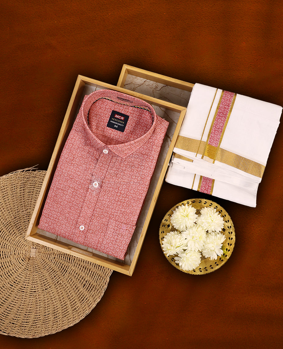 Dusty Rose colour MCR full sleeve shirt featuring a subtle dotted print, paired with a classic white dhoti highlighted with a golden zari kara and a matching dusty rose printed border.
