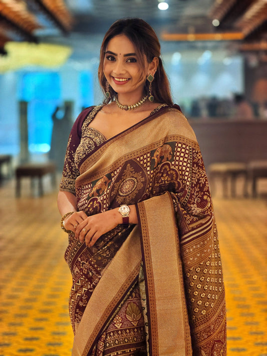 Wine Maroon Pure Handloom Kancheepuram Samudrika Pattu Saree featuring Mughal-inspired Meenakari patterns on the body, a tissue-turning pallu, and a matching blouse piece.