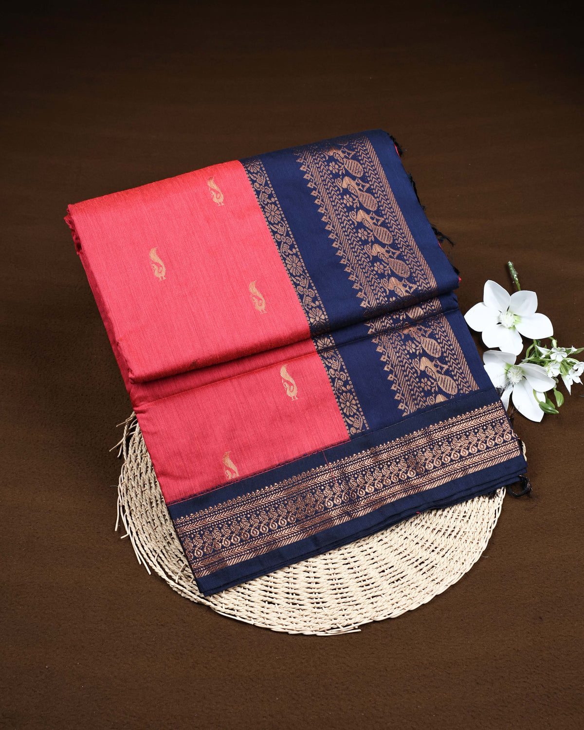 Dark coral pink colour Kalyani Cotton Saree