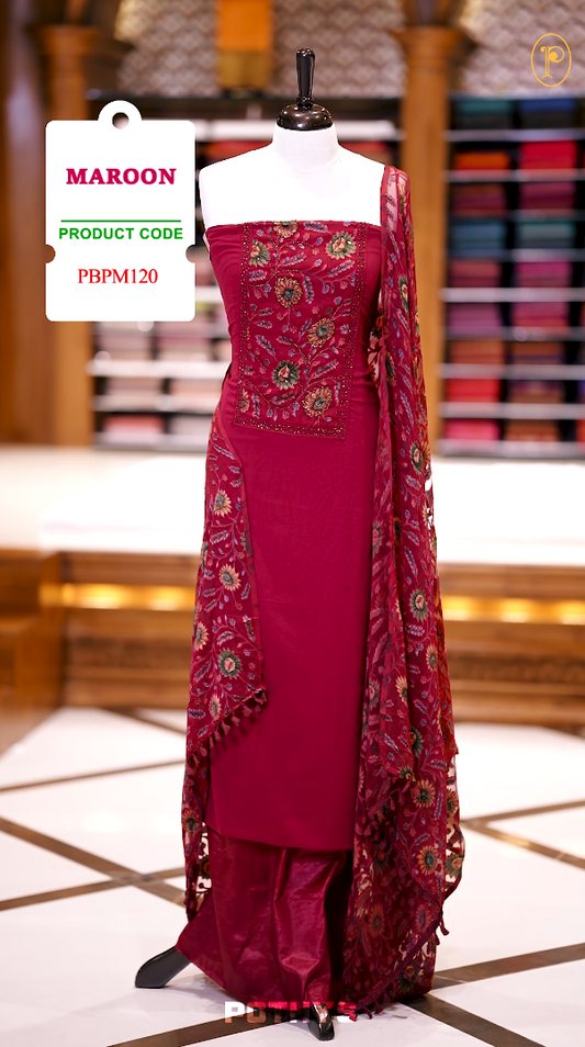 Maroon Colour Chiffon partywear churidhar material featuring floral digital print
