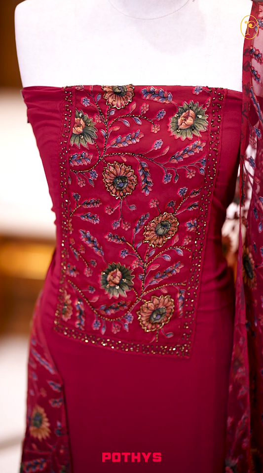 Maroon Colour Chiffon partywear churidhar material featuring floral digital print