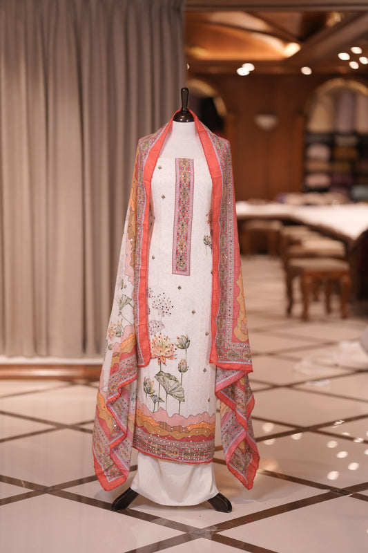 Red Colour Crepe Material Top Embellished with Elegant Lotus Print and Mirror Work, Paired with a Matching Designed Dupatta and Plain Bottom