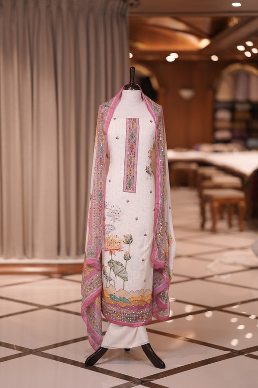 Pink Colour Crepe Material Top Embellished with Elegant Lotus Print and Mirror Work, Paired with a Matching Designed Dupatta and Plain Bottom