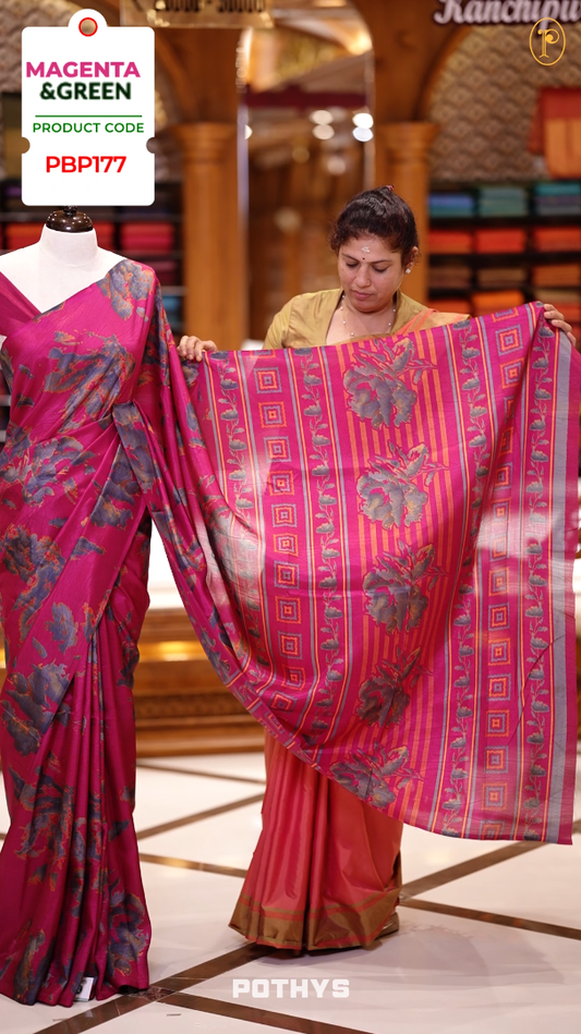 Magenta & Green colour semi silk saree enhanced with a vibrant  floral prints on body & pallu, and comes with a self printed blouse.