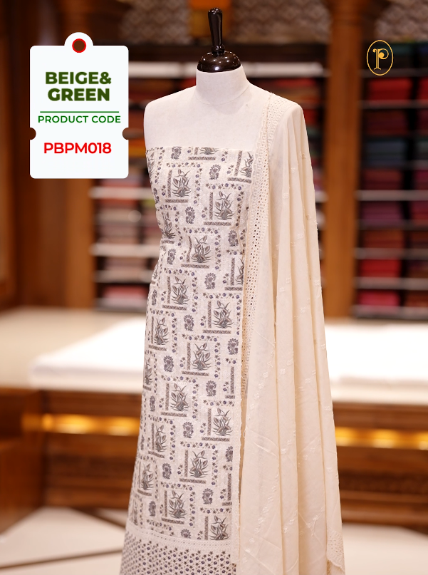 Beige & Green Hakoba cotton churidhar material with green floral top, lace border under the top and sides & Cotton dupatta with lace detailing & plain bottom for elegant wear.