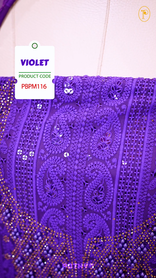 Violet colour georgette partywear churidhar material featuring intricate stone and beadwork on the top, paired with a plain bottom and a mirror worked dupatta.
