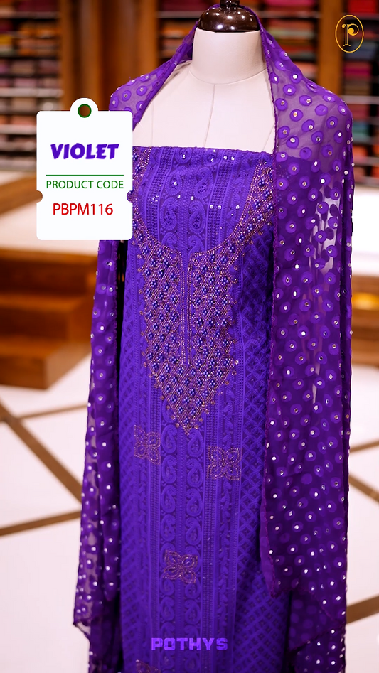 Violet colour georgette partywear churidhar material featuring intricate stone and beadwork on the top, paired with a plain bottom and a mirror worked dupatta.