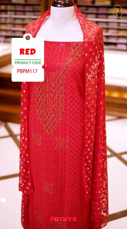 Red colour georgette partywear churidhar material featuring intricate stone and beadwork on the top, paired with a plain bottom and a mirror worked dupatta.