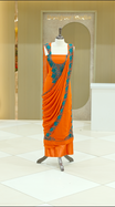 Orange colour georgette salwar suit material featuring intricate Greenish Blue floral thread embroidery on the neckline and side opening, complemented with a matching bottom and dupatta. Comes with lining included for added comfort and finish.