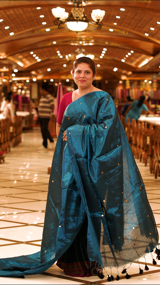Blue colour Semi Tissue saree featuring a plain body adorned with delicate sequin detailing throughout, crafted in a borderless design. Comes without a blouse piece.