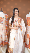 Cream colour salwar material Featuring Indian Art forms Print on body, paired with matching bottom & Elegant Dupatta.
