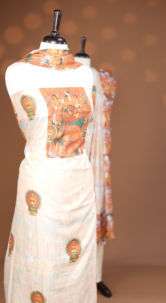 Cream colour salwar material Featuring Indian Art forms Print on body, paired with matching bottom & Elegant Dupatta.
