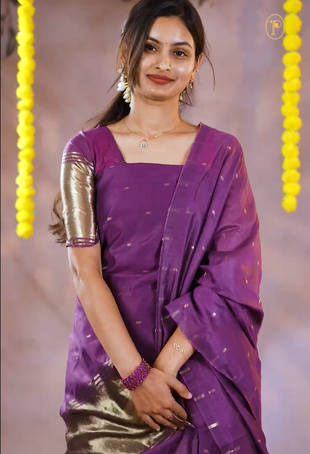 Violet colour Mul Chanderi Salwar Material Featuring Gold zari buttas on body and Gold zari border, Same mul chanderi Zari buttas Dupatta, comes with santoon bottom.