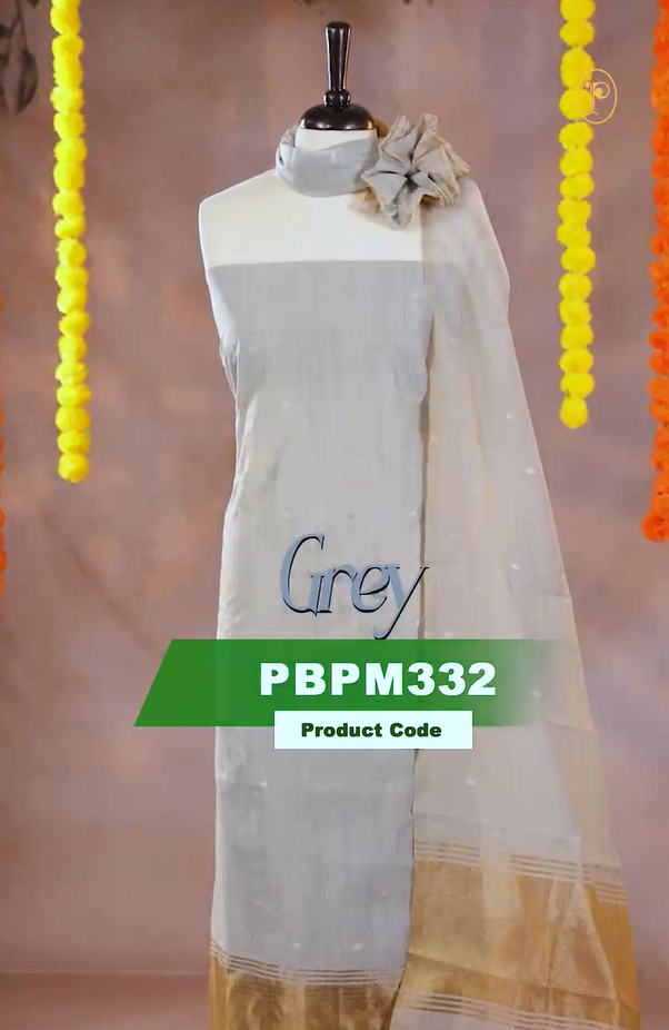 Grey colour Mul Chanderi Salwar Material Featuring Gold zari buttas on body and Gold zari border, Same mul chanderi Zari buttas Dupatta, comes with santoon bottom.