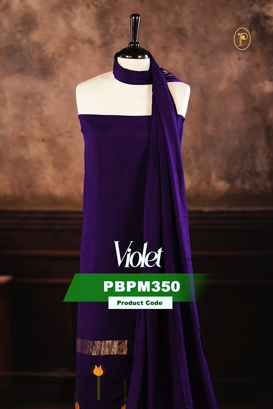 Violet colour Semi silk Salwar Material Featuring Traditional Gold Kasav With Lotus print border, paired with matching Semi silk Dupatta & bottom.